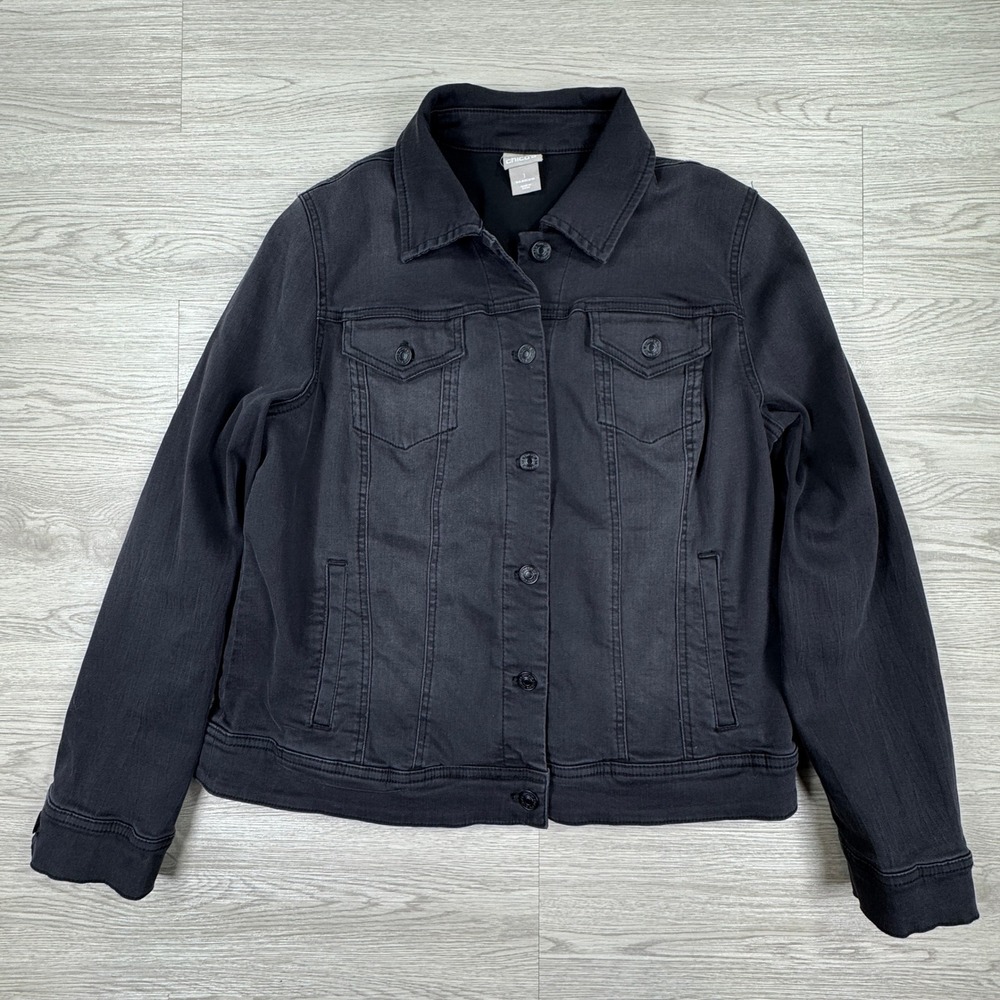 Chico's Women's Denim Jacket Faded Black SZ 1 Medium Stretch Button Front Pocket